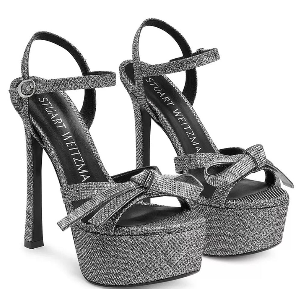 Stuart Weitzman Bow Platform Rhinestone Heels NIB Gunmetal 8.5